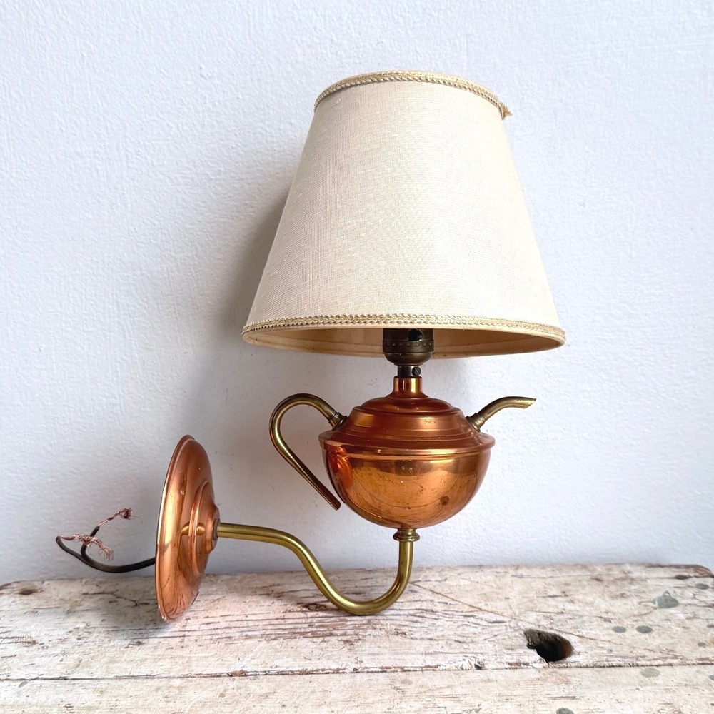 Vintage Copper Teapot Wall Sconce Lamp Brass Arm Whimsical Kitchen Lighting